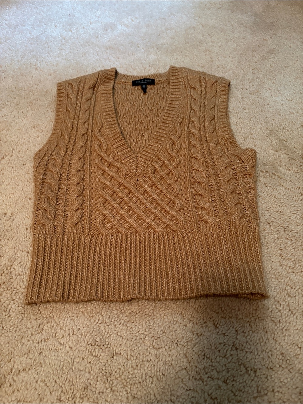 rag & bone Camel Cable Knit V-Neck Sweater Vest